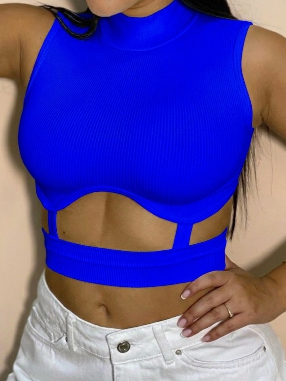 Blue Cutout Stretchy Ribbed Mock Neck Crop Top. New with tags.